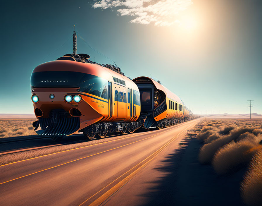 Sleek orange futuristic train in desert landscape at sunset