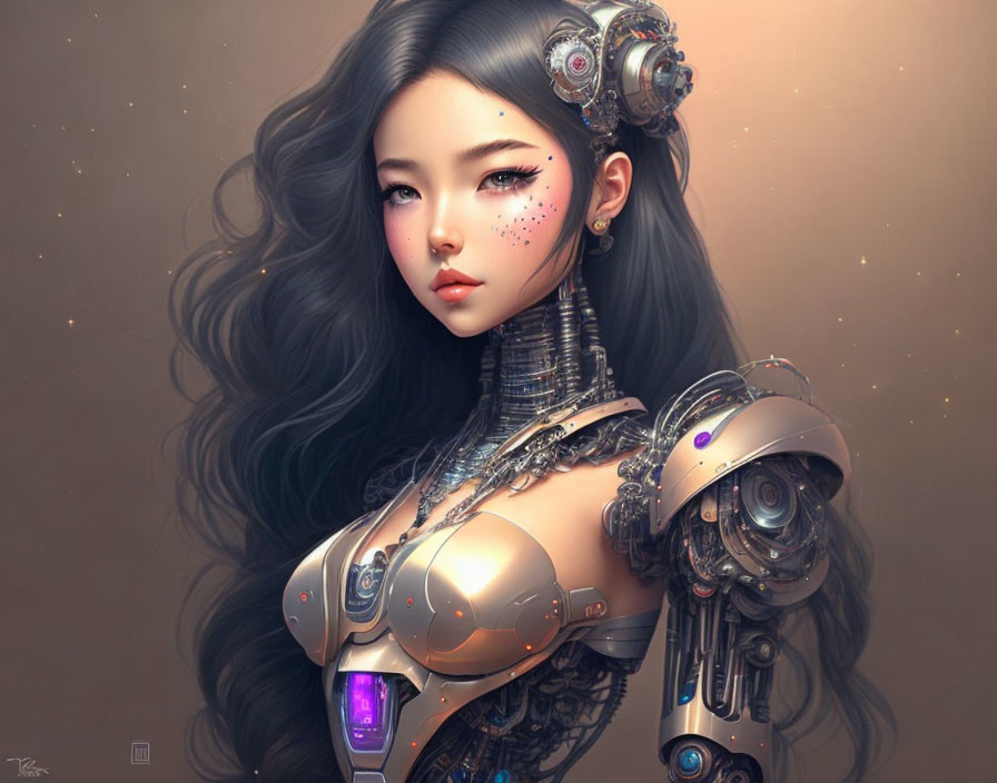 Detailed Female Cyborg Artwork with Mechanical Parts and Striking Makeup
