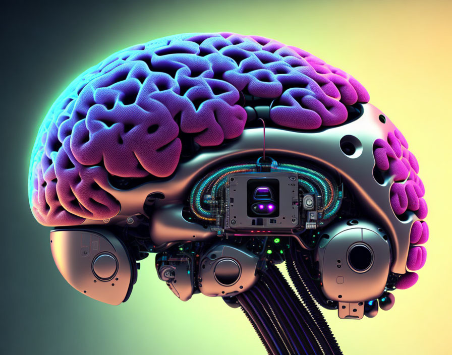 Futuristic digital artwork of pink brain with robotic elements