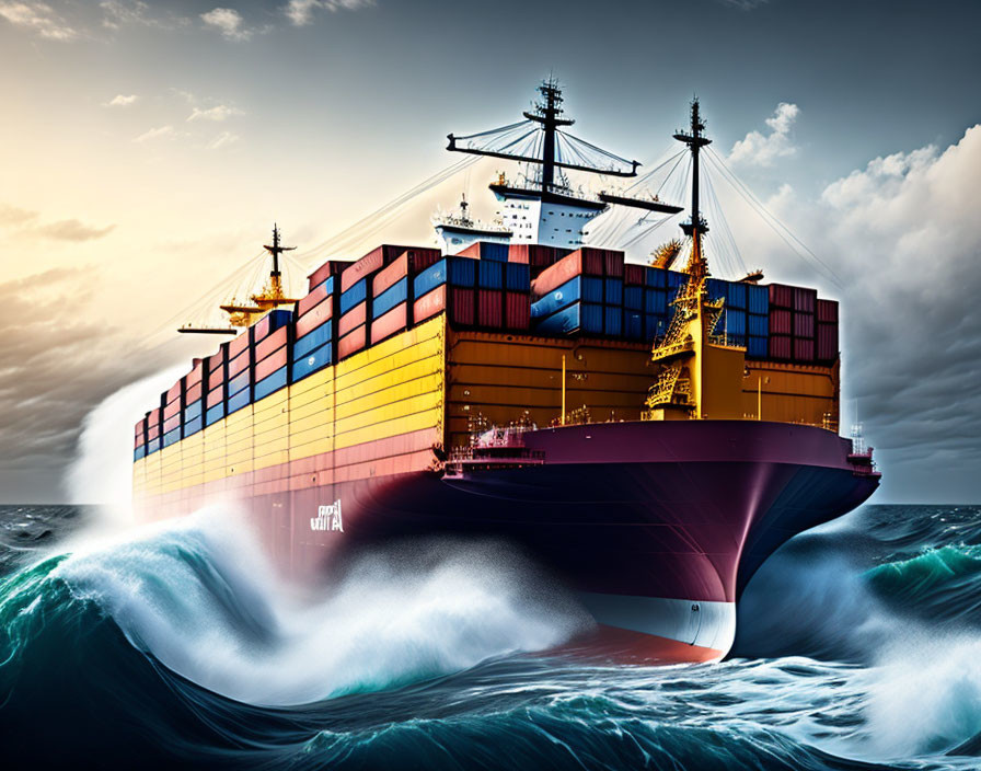 Colorful Cargo Ship Sailing Through Stormy Sea Waves