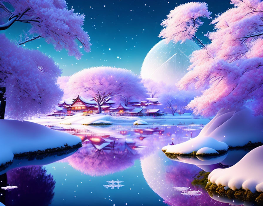 Snowy landscape with cherry blossoms, lake, and traditional buildings at twilight