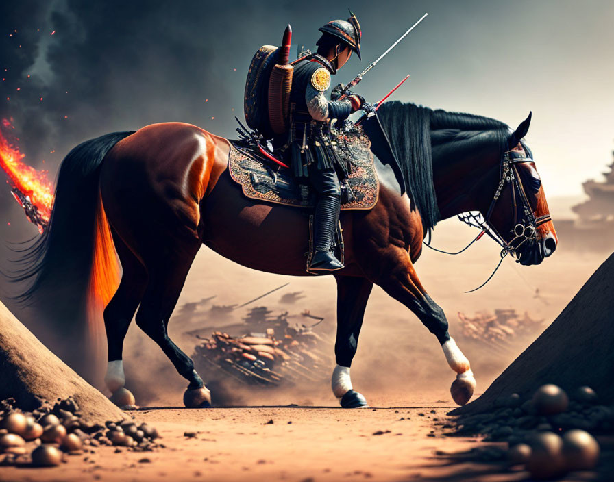 Samurai in traditional armor on horseback in smoky battlefield