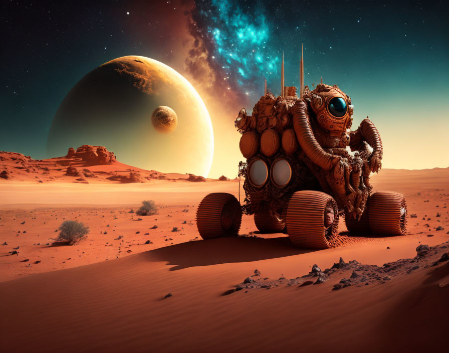 Alien rover on desert planet with celestial bodies and nebula sky