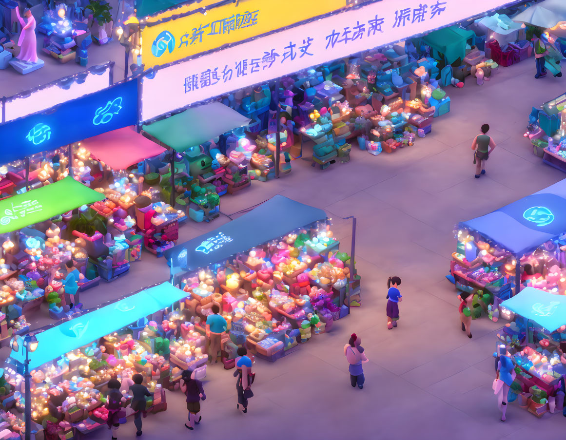 Vibrant night market scene with colorful stalls and neon signs