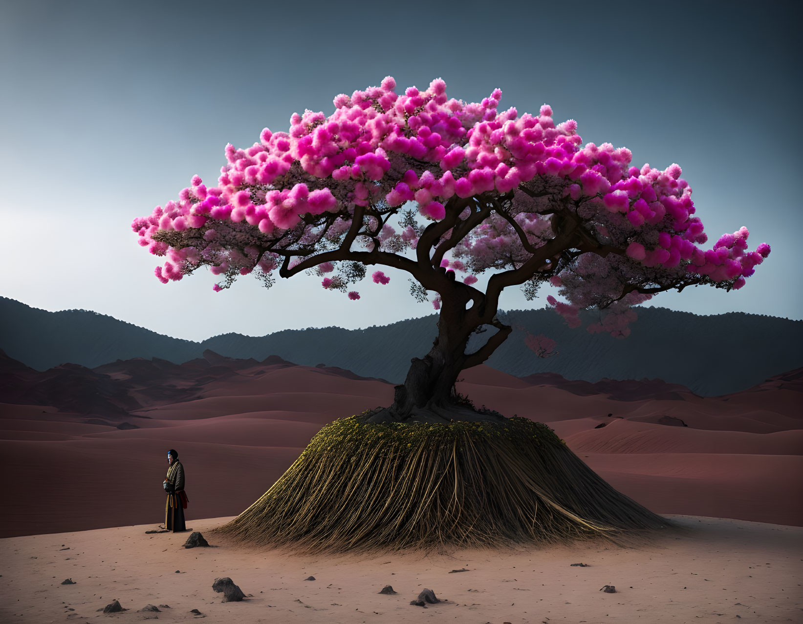 Person by Vibrant Pink-Flowered Tree in Desert Landscape