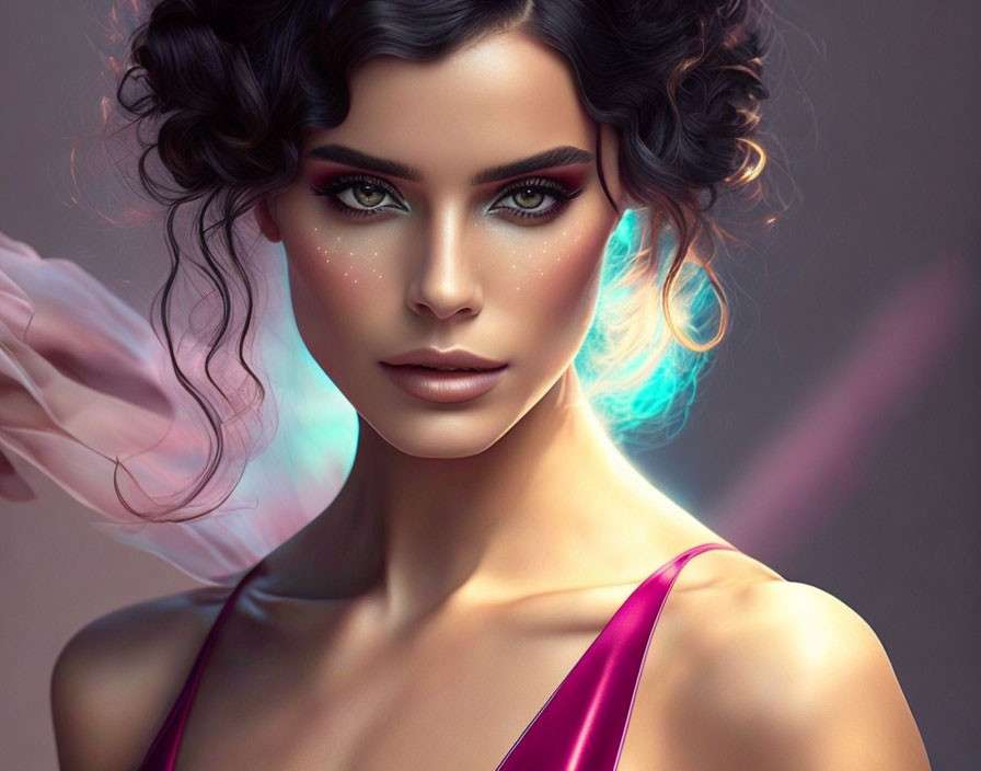 Digital Artwork: Woman with Curly Hair and Glitter Makeup