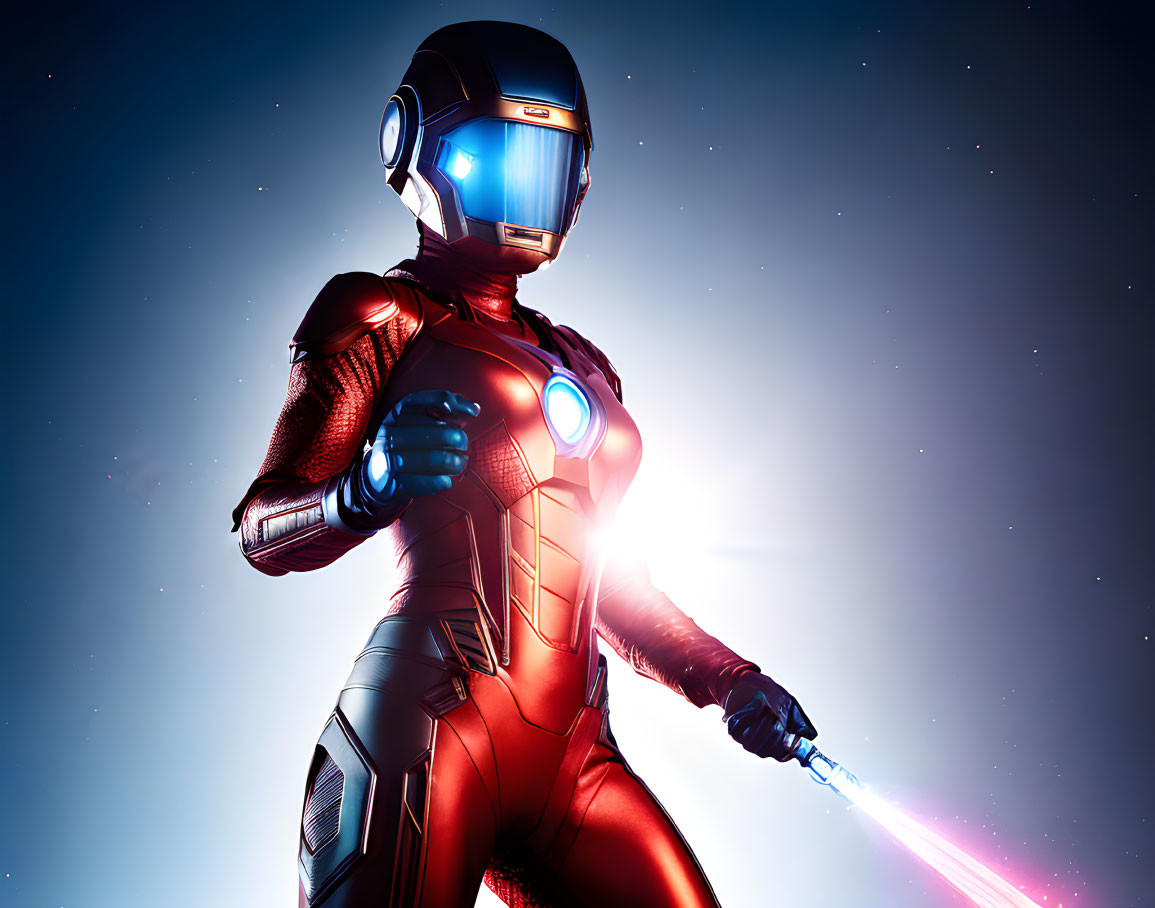 Armored futuristic figure with glowing chest and weapon in starry setting