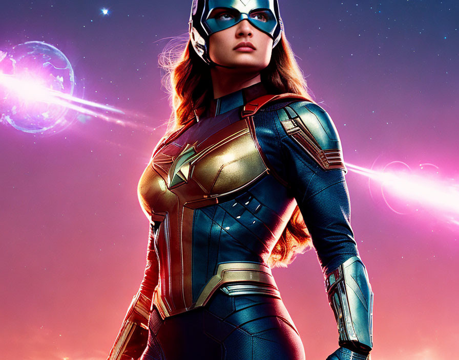 Female superhero in red, blue, and gold suit with glowing eyes against cosmic backdrop.