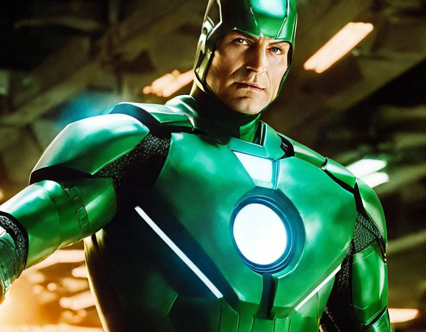 Person in Green and Silver Armored Suit with Glowing Chest Piece and Helmet