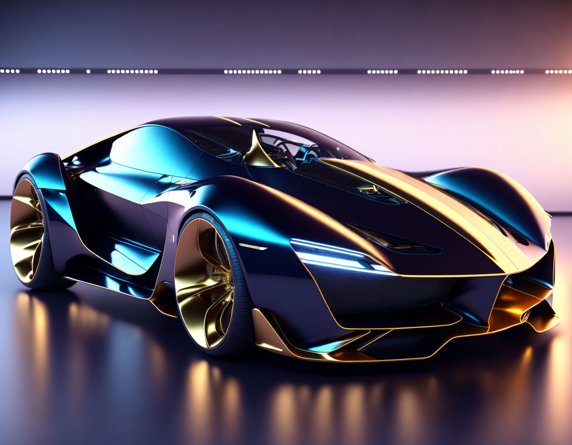 Futuristic metallic blue car with golden accents and violet lighting