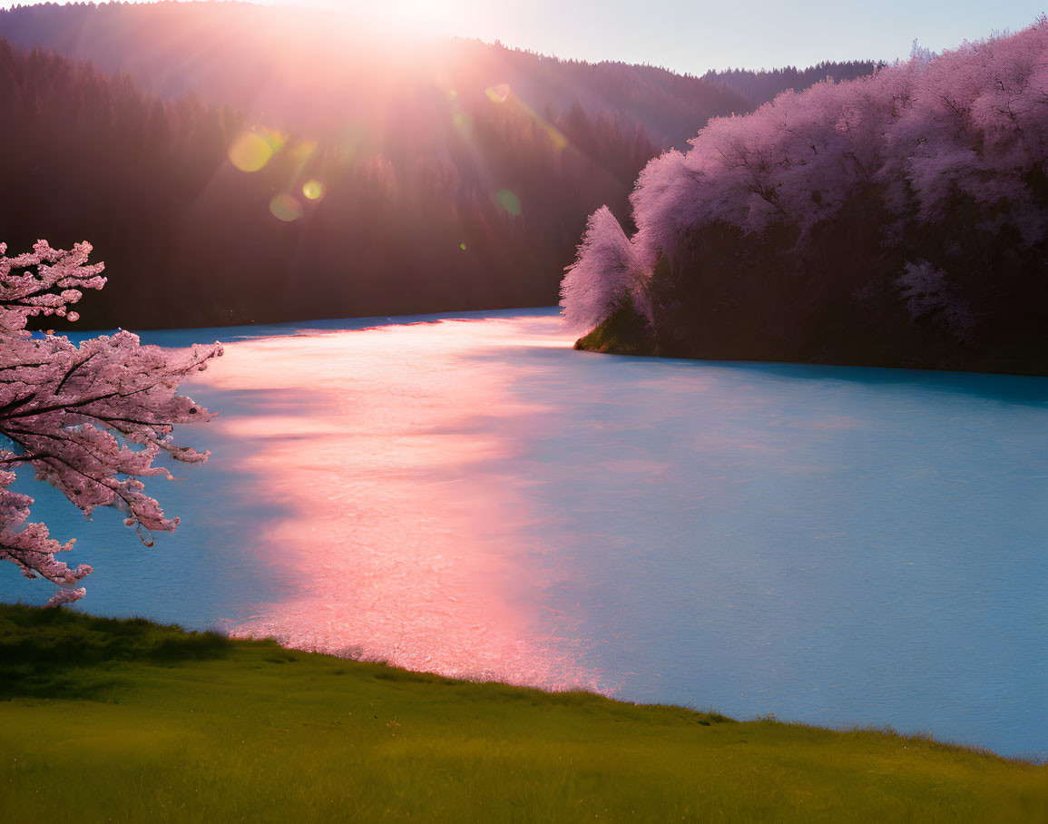 Tranquil lake with cherry blossoms and sunlit hills