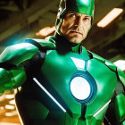 Person in Green and Silver Armored Suit with Glowing Chest Piece and Helmet