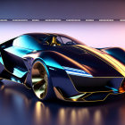 Futuristic metallic blue car with golden accents and violet lighting