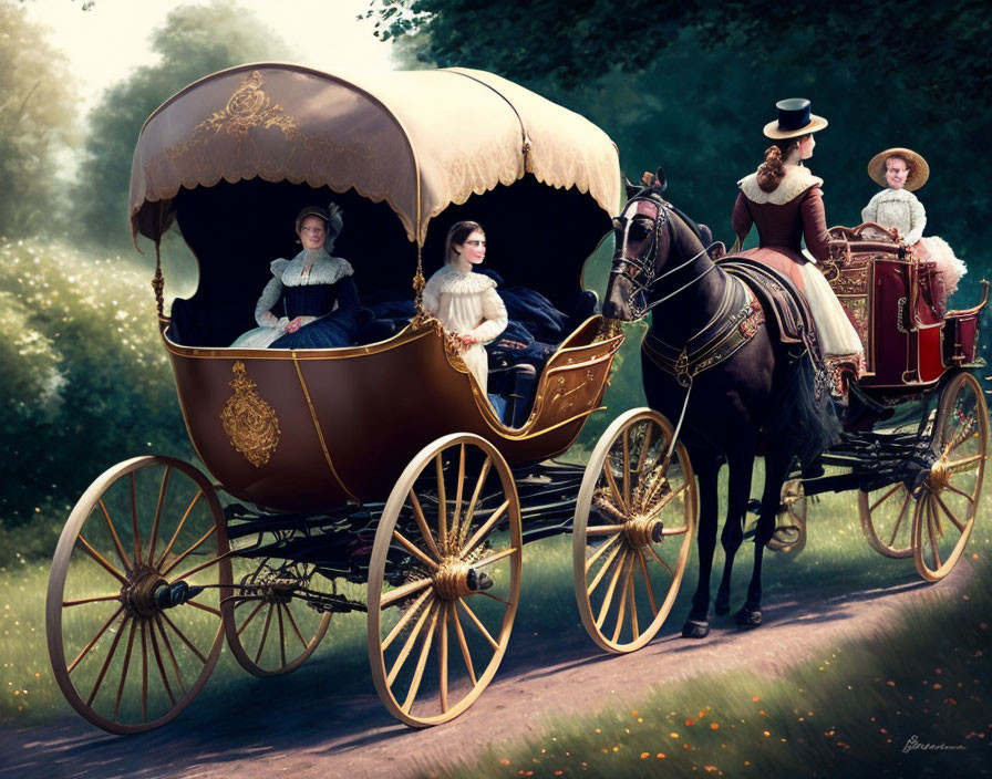 Elegantly dressed women in horse-drawn carriage through sunlit forest