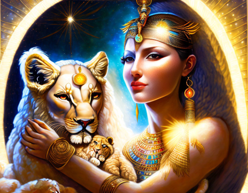 Egyptian-inspired woman with lioness and cub in radiant starry scene