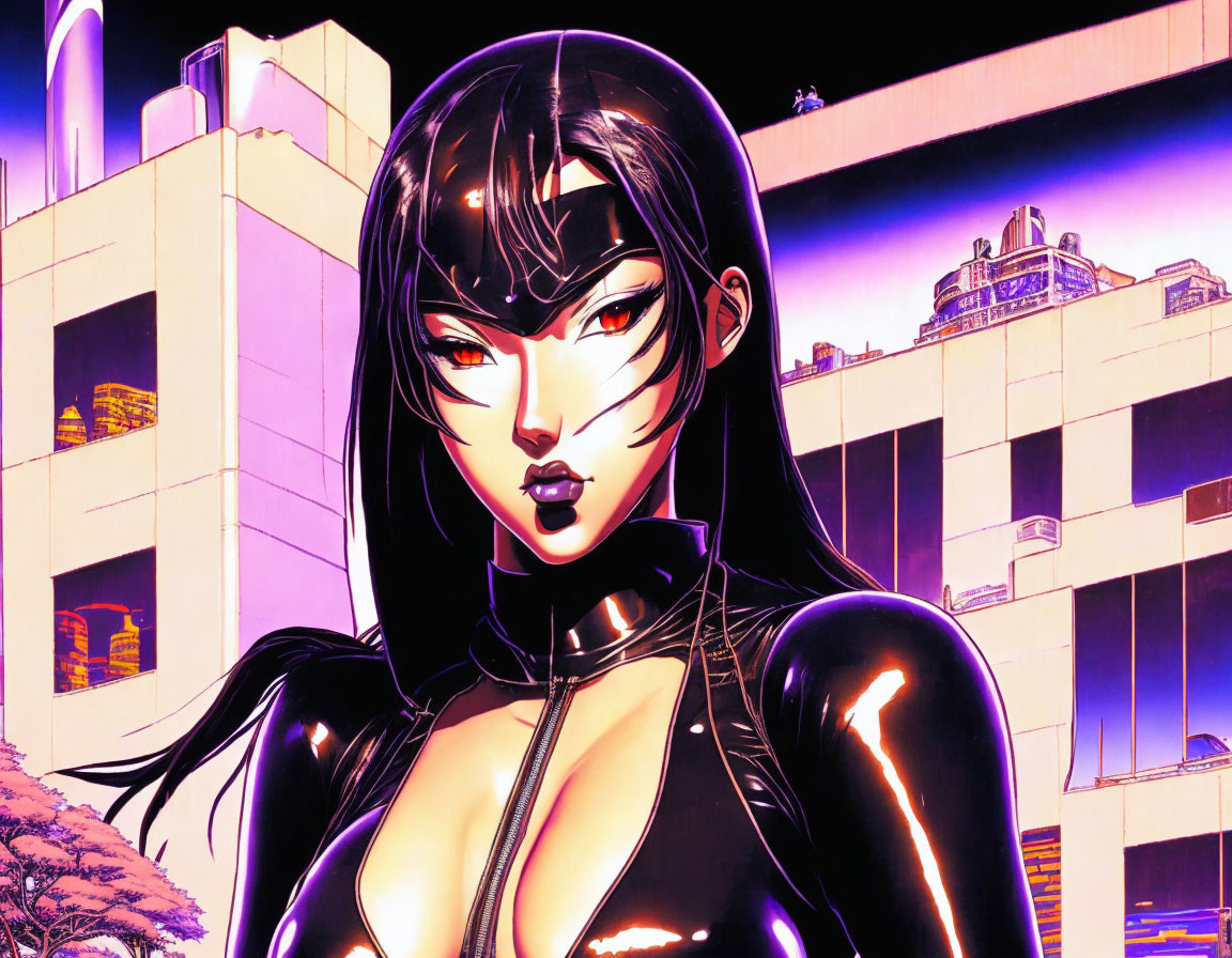 Illustrated female character with long black hair in tight outfit against pink cityscape.