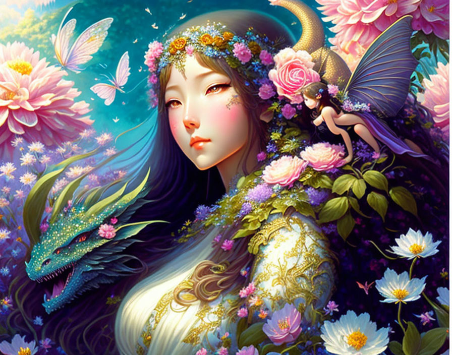 Illustration of woman, fairy, and dragon in vibrant floral scene