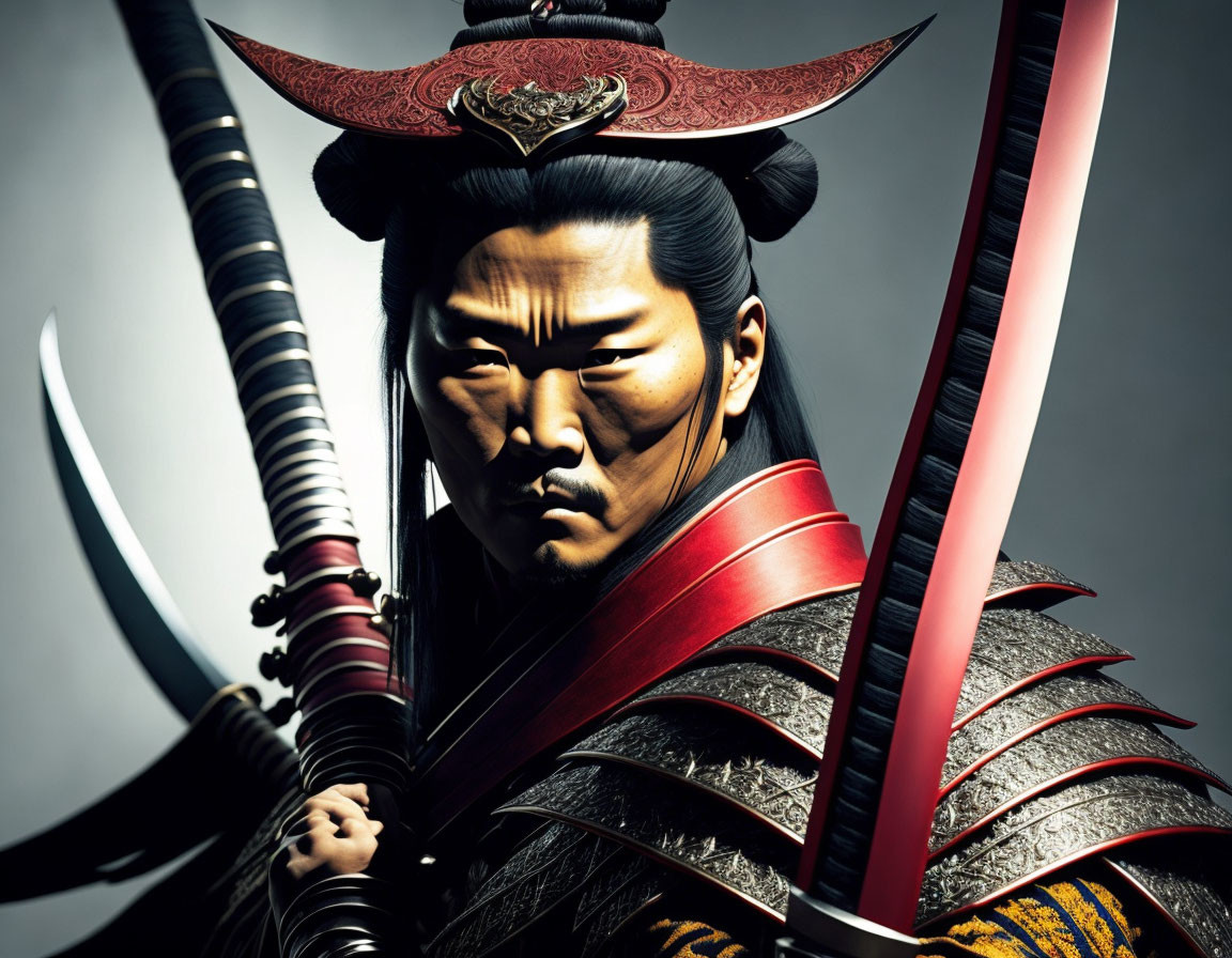 Digital artwork of stern-faced samurai in elaborate armor with katana and dragon crest helmet.