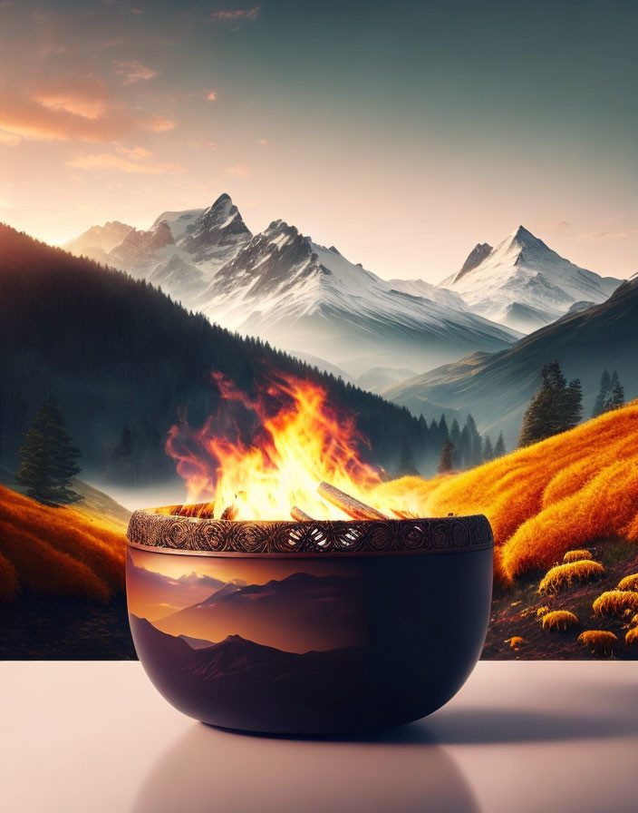 Decorative bowl with fiery mountain landscape at sunset