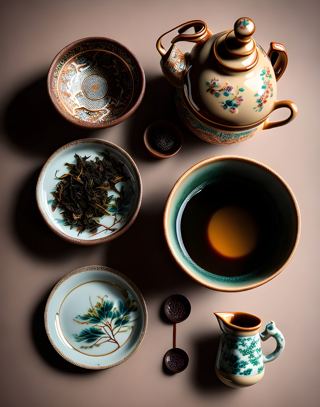 Ornate tea set with intricately designed cups and teapot on beige surface