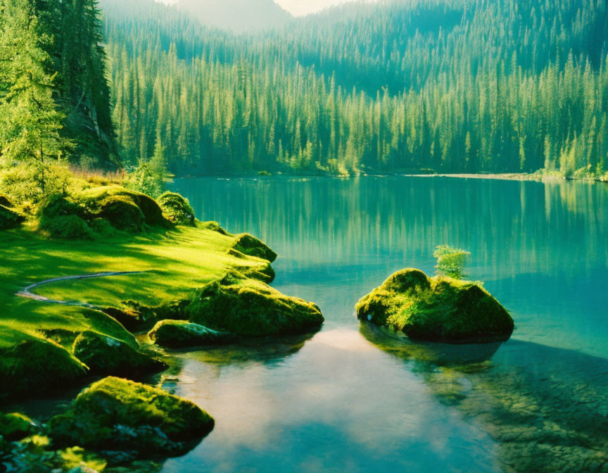 Tranquil mountain lake with moss-covered rocks and coniferous forest in sunlight