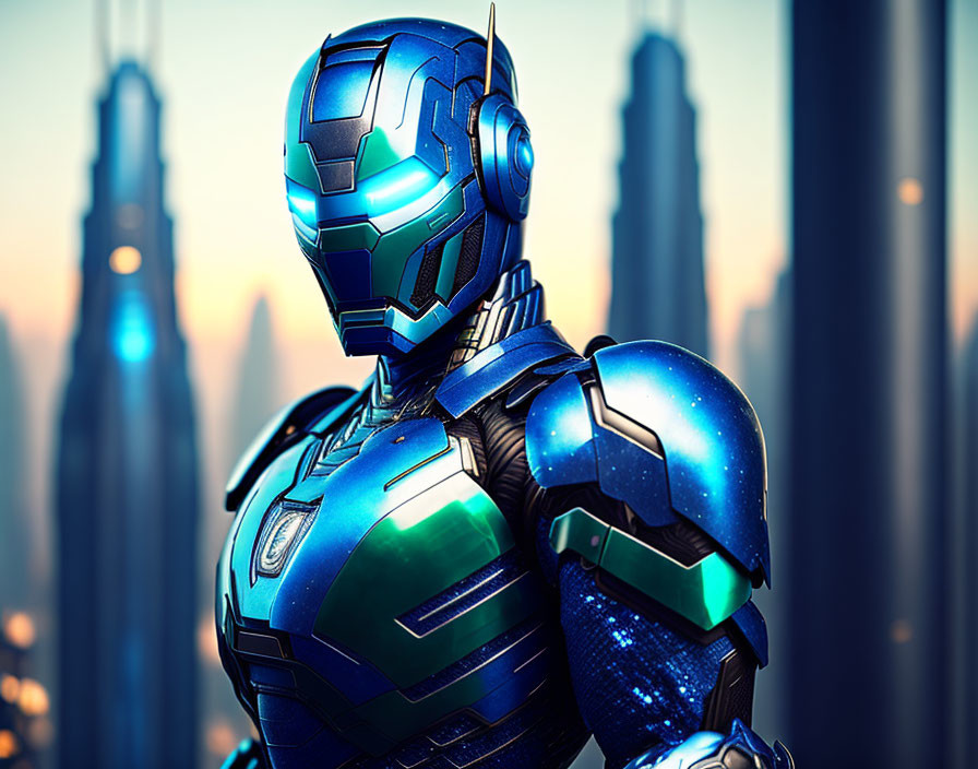 Futuristic blue and silver armored robot with sleek helmet in urban background