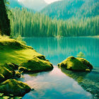 Tranquil mountain lake with moss-covered rocks and coniferous forest in sunlight