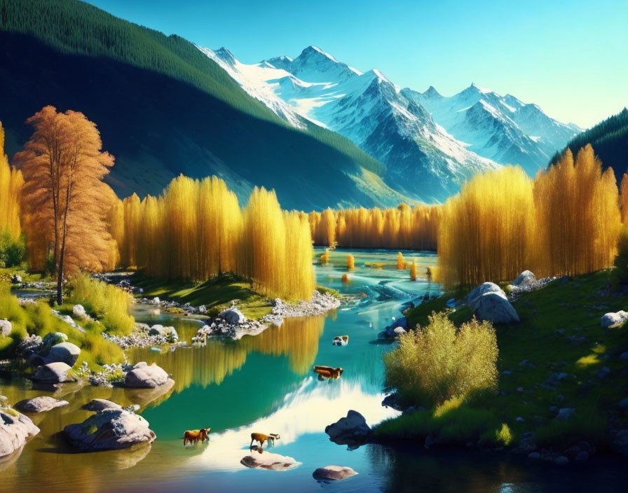 Scenic landscape: tranquil river, golden trees, grazing animals, snow-capped mountains