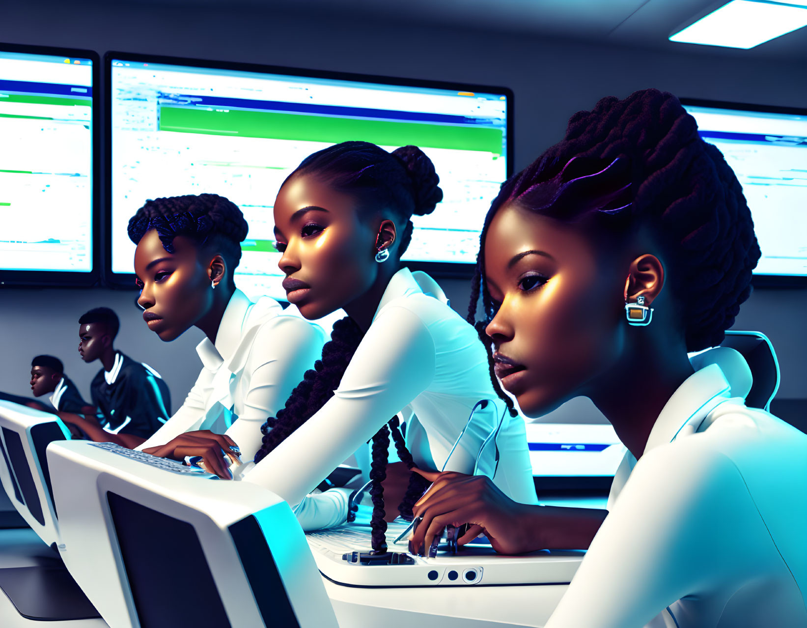 Three individuals in high-tech control room with large data screens