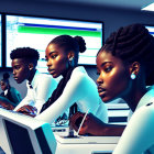 Three individuals in high-tech control room with large data screens