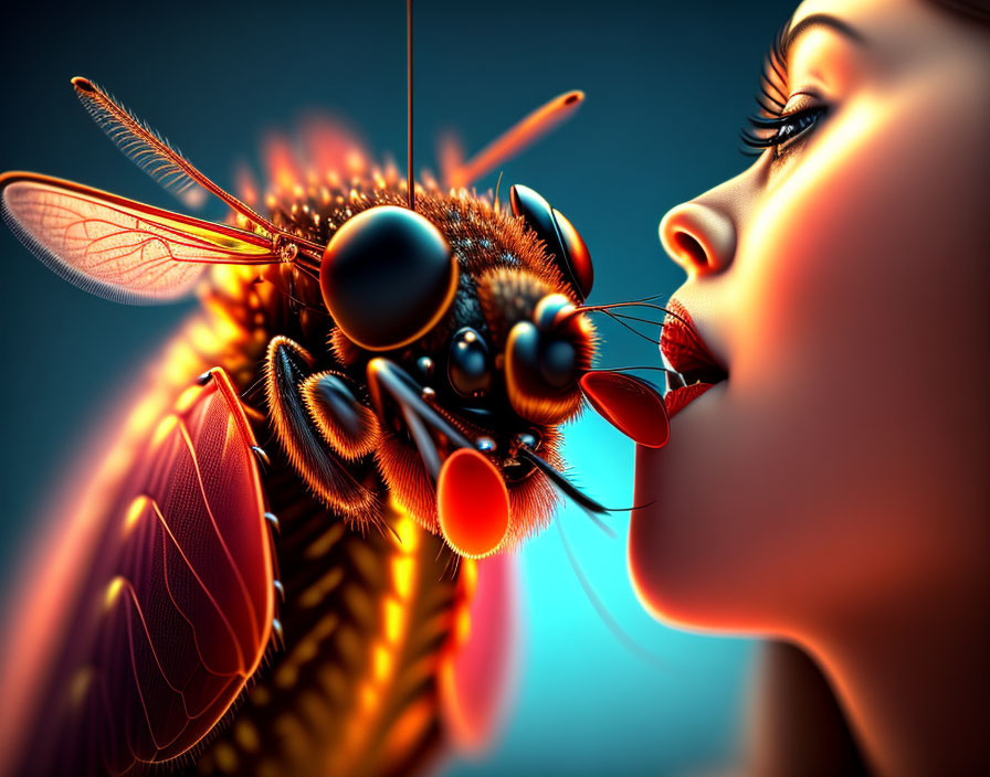 Surreal image of giant bee and woman with striking makeup