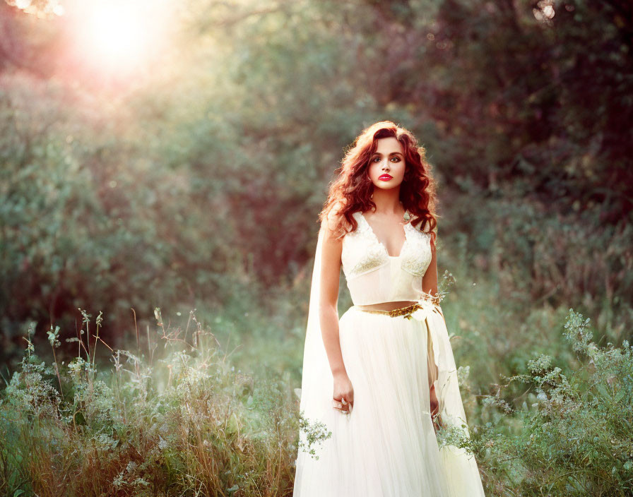 Woman in White Dress Standing in Sunlit Forest Glade