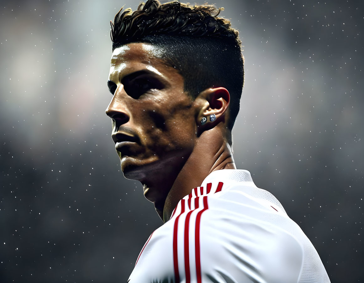 Male athlete with unique hairstyle and earring in focused pose against stadium lights.