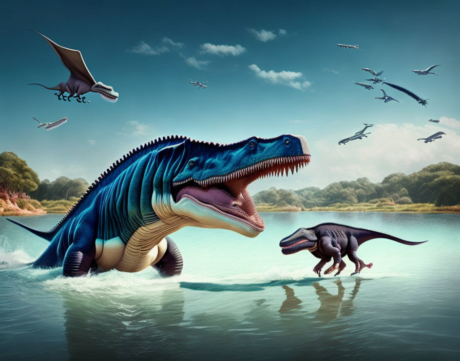 Blue-striped dinosaur emerging from water with other dinosaurs and pterosaurs in scenic digital artwork