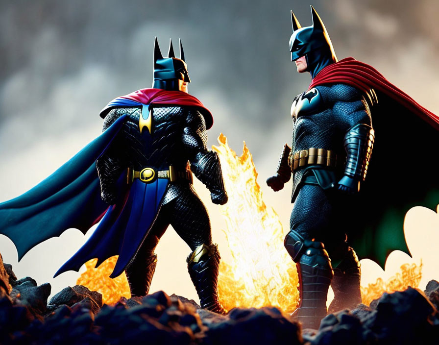 Batman action figures in heroic poses on rocky terrain with fiery orange backdrop