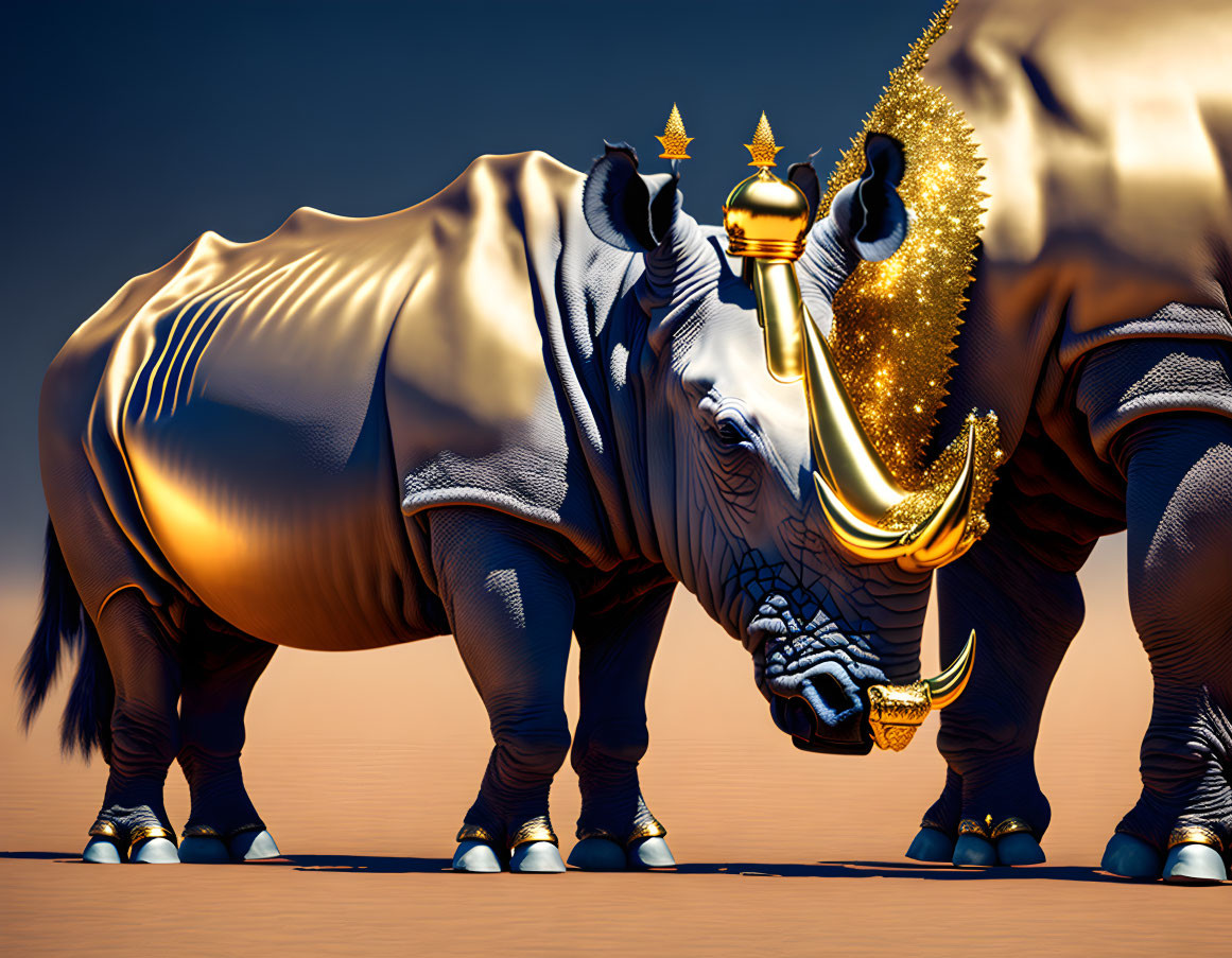 Golden rhinoceros adorned with royal ornaments on warm-toned background