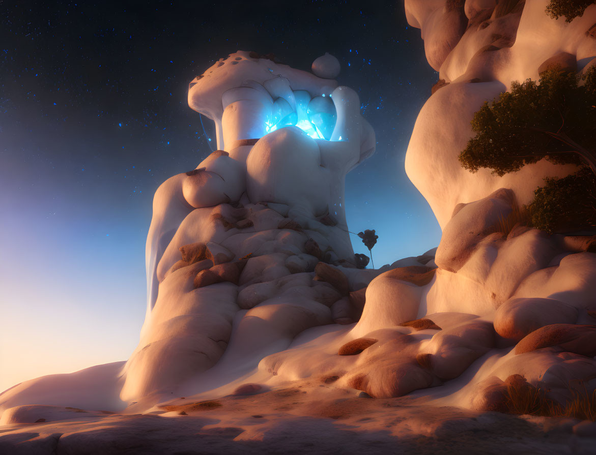 Mystical glowing blue light in towering rock formation at night