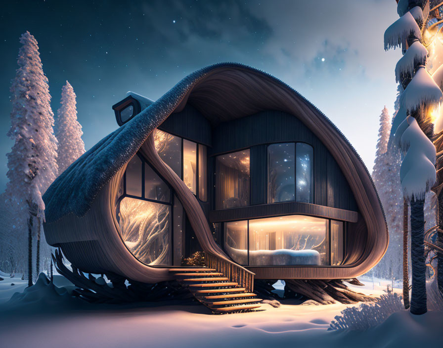 Curved Wooden House in Snowy Landscape with Large Windows