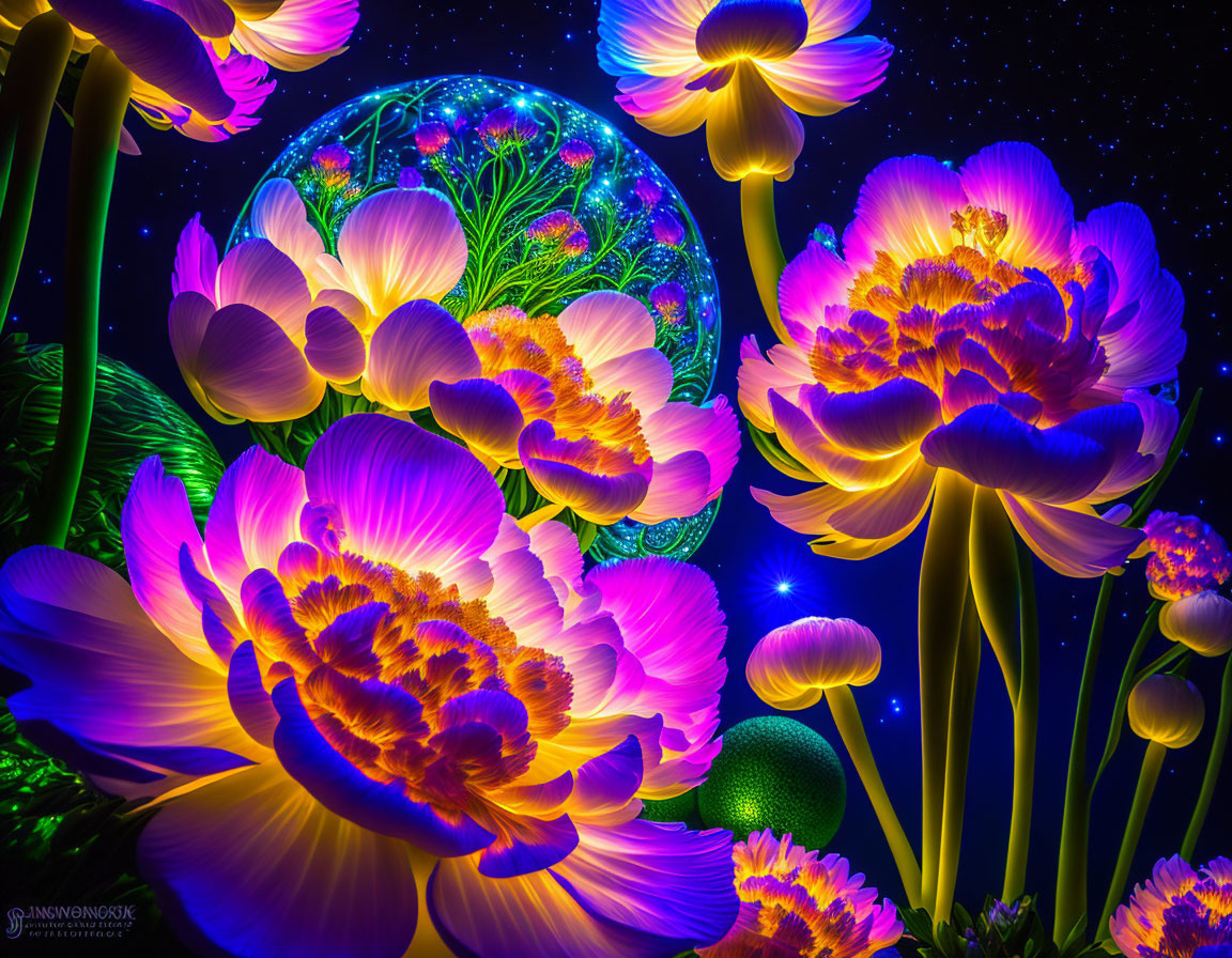 Neon-lit flowers and magical sphere in star-filled sky