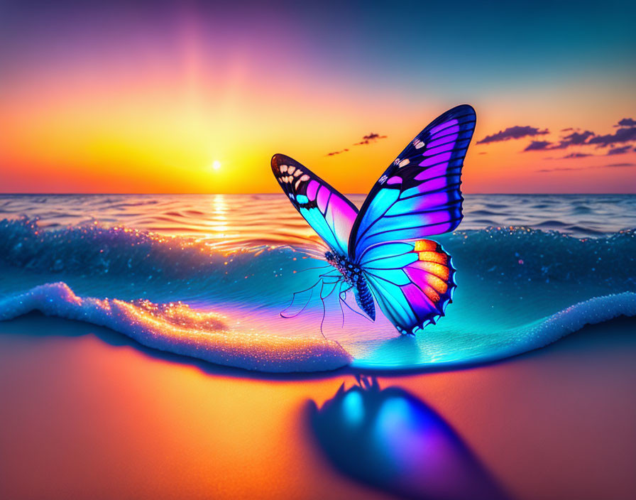 Colorful Butterfly on Sandy Beach at Sunset