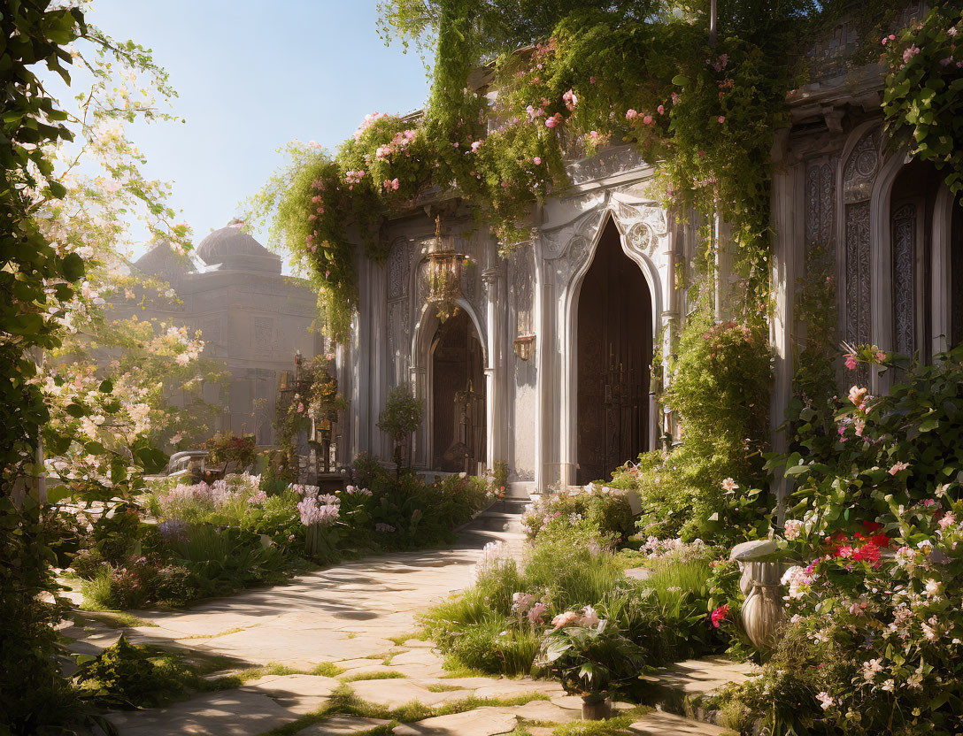 Enchanting Garden with Overgrown Flora and Ancient Architecture