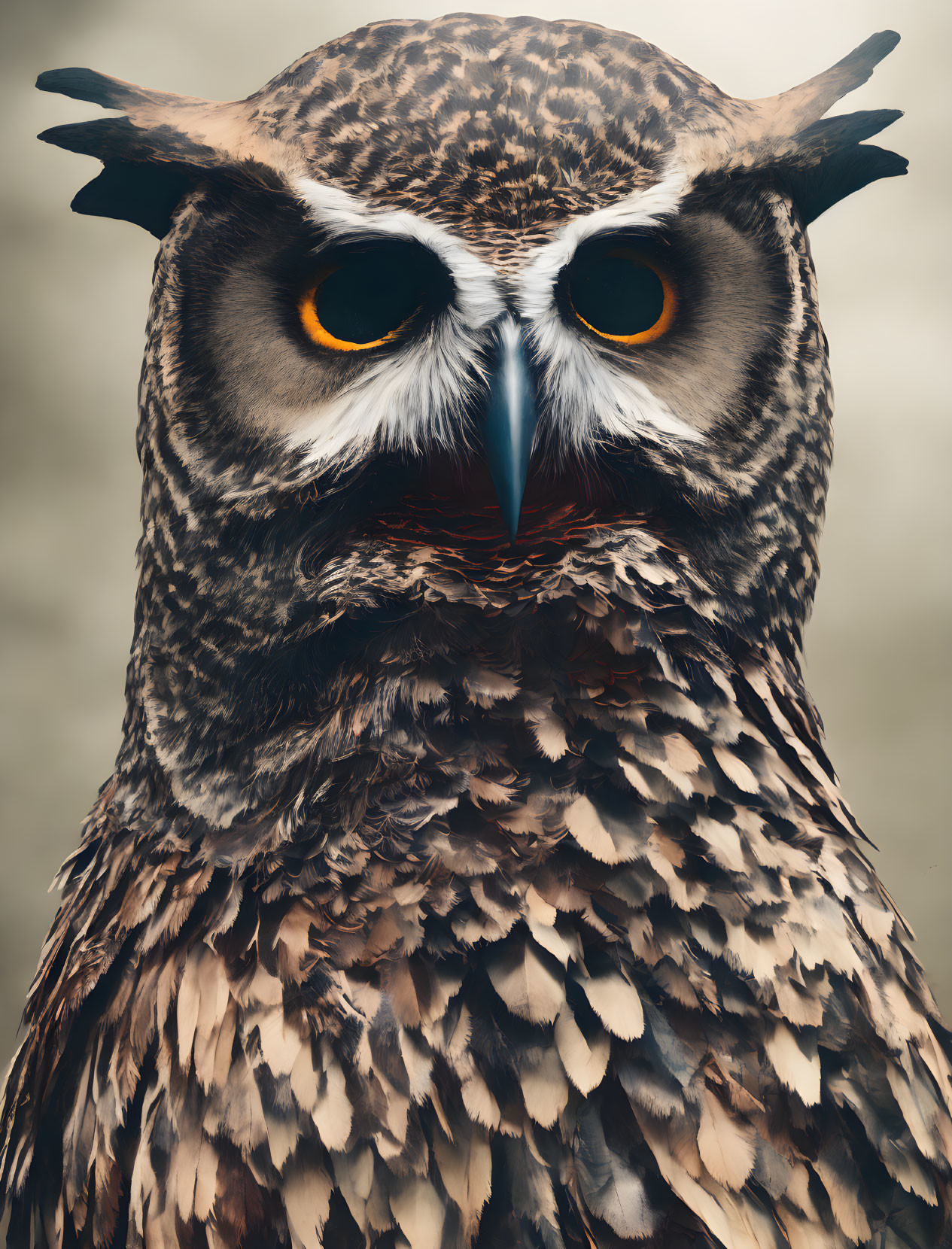 Majestic owl with intricate brown feathers and orange eyes