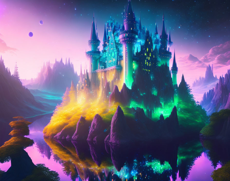 Enchanted castle in vivid forest on mountain with purple sky