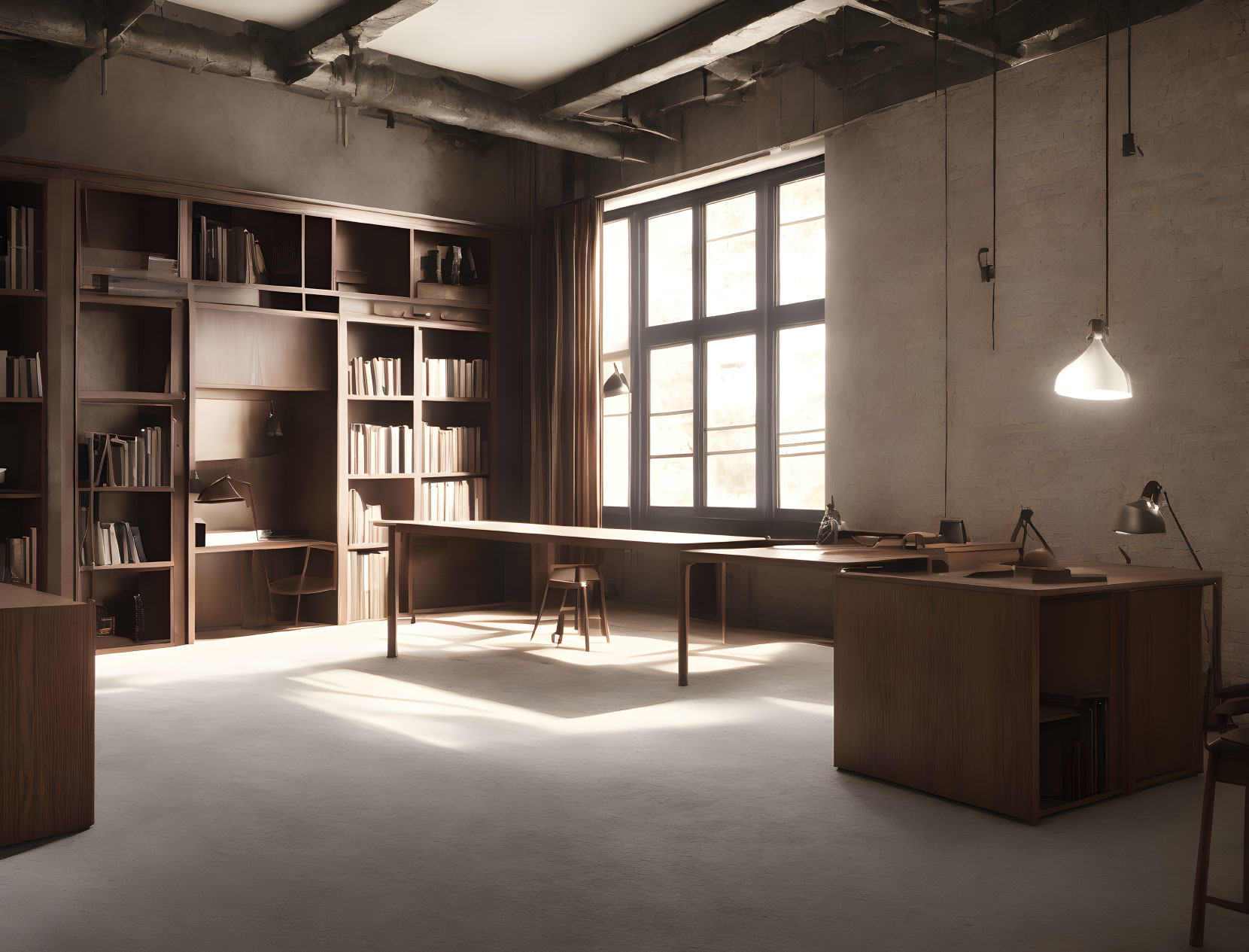 Sunlit modern office with wooden furniture, bookshelves, and large window casting shadows