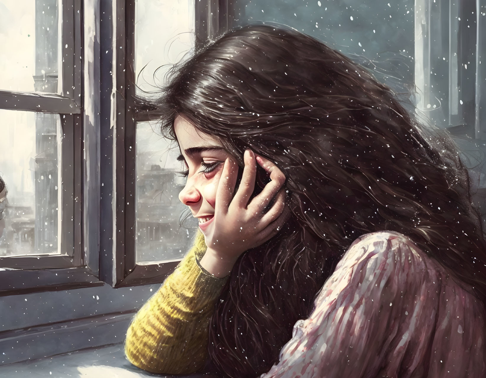 Smiling woman with long hair looking out window in snowfall