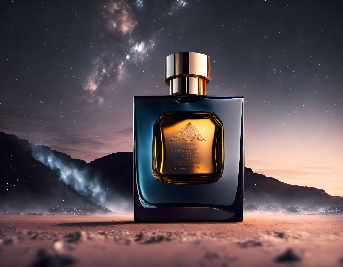 Luxurious perfume bottle on sandy surface with night sky and mountains