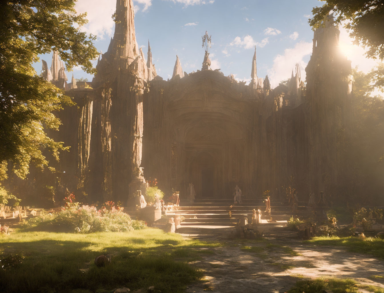 Mystical temple in enchanted forest with sunrays, statues, and ruins