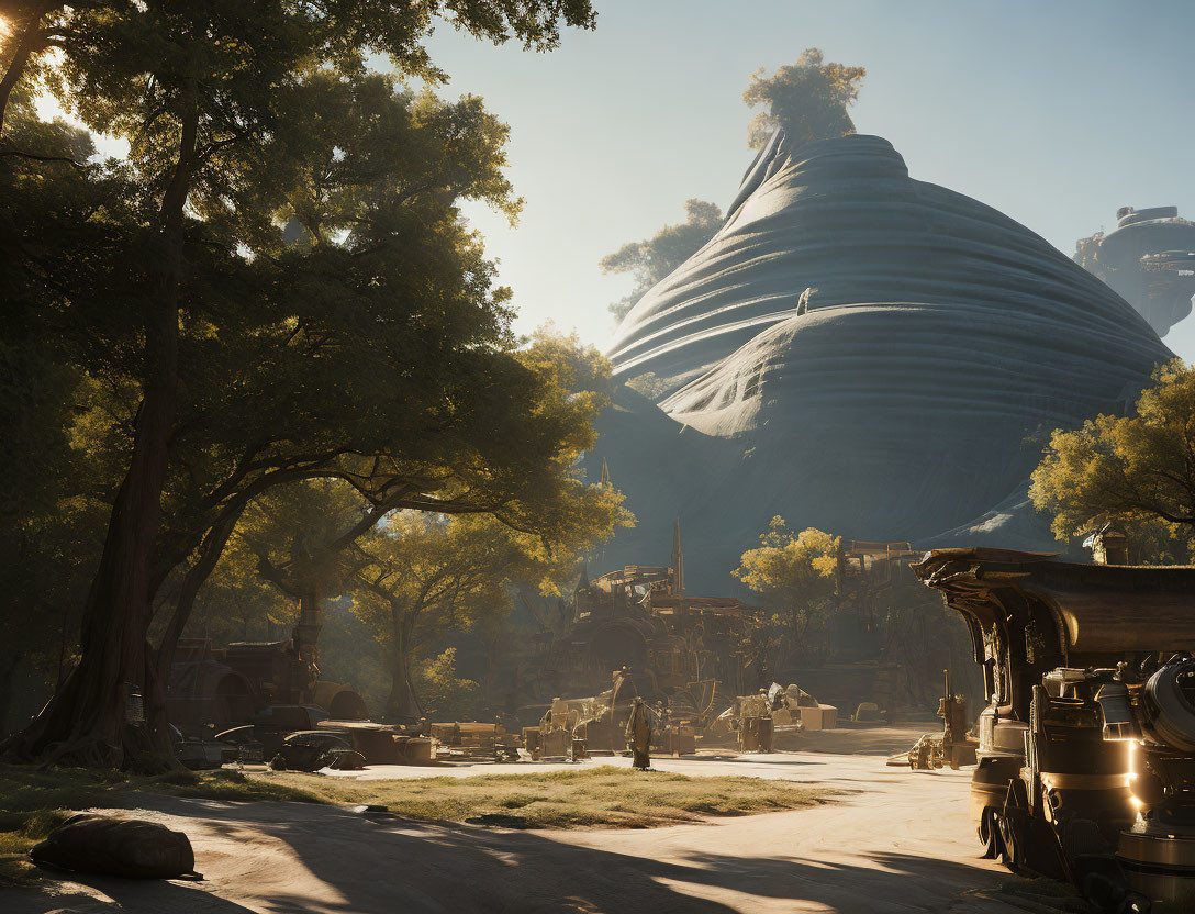 Scenic village nestled under bulbous mountain, basking in warm sunlight.