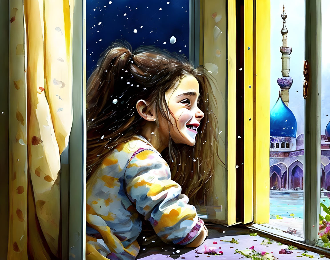 Young girl in pajamas admiring snowflakes by window overlooking mosque with blue domes