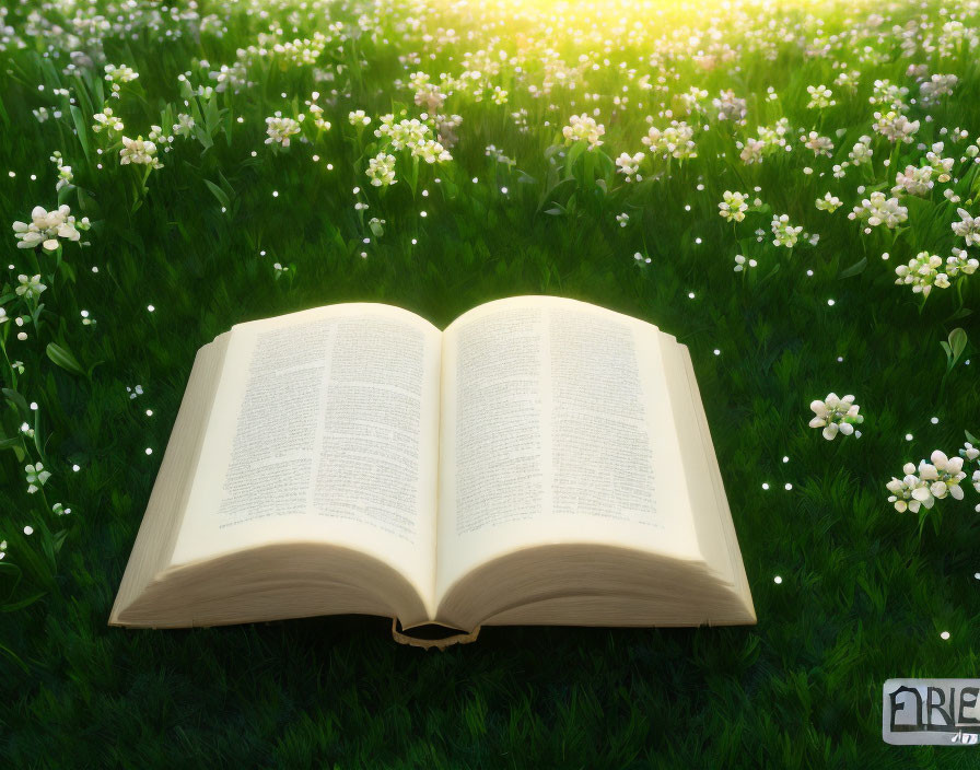 Open Book Resting on Sunlit Meadow with White Flowers